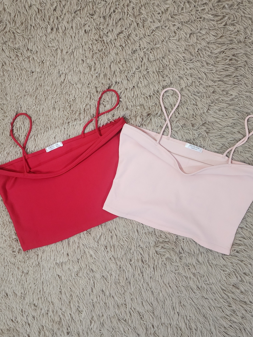 Spaghetti Strap Ribbed Crop Tops- Red + Light Pink, Large